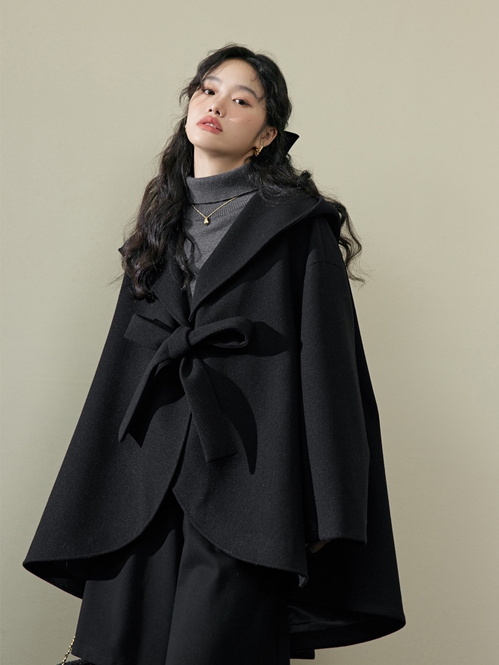 Black Tie-Front Wool Cape Coat